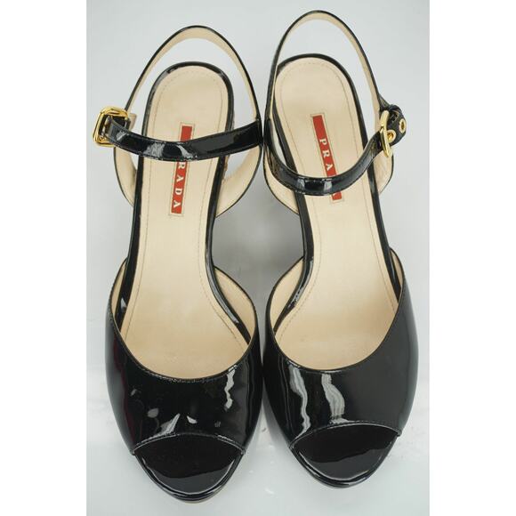 Prada Sport Black Patent Ankle Strap Woven Raffia Wedge Heel Sandals - Picture 9 of 12